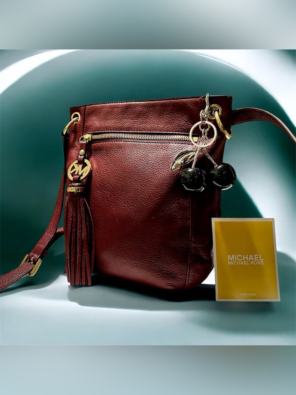 Vintage Michael Kors Cherry Red Leather Crossbody with Tassel Charm